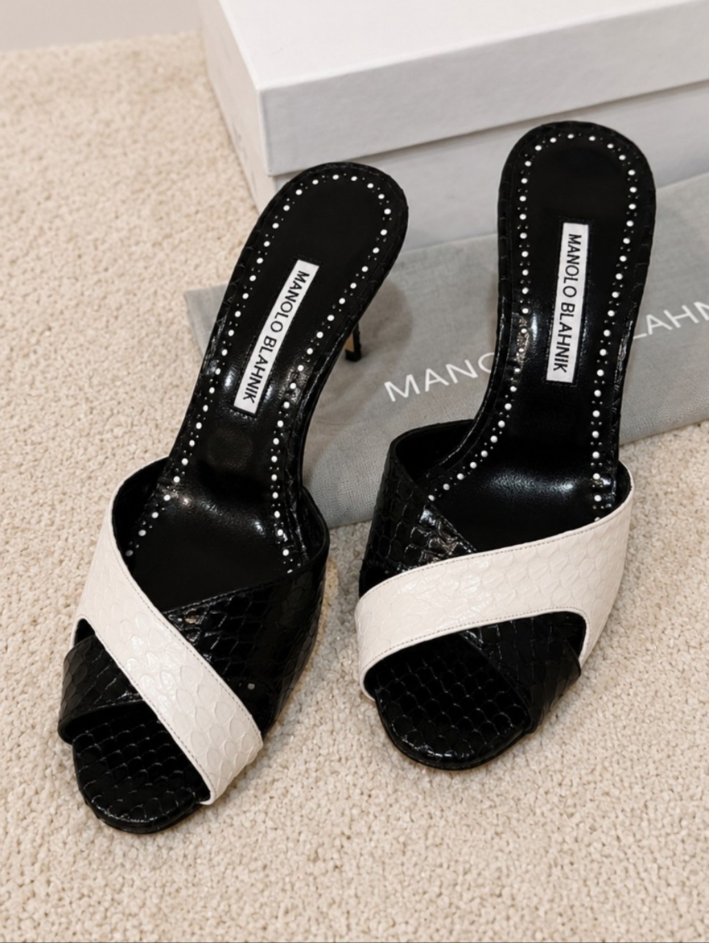 Manolo Blahnik Black And White Snake-Embossed Open-Toe Mules
